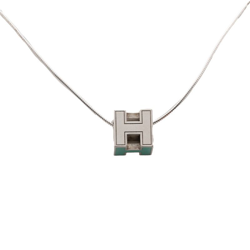 Hermes Caje De Ashe H Cube Pendant Necklace Silver Light Blue Metal Ladies