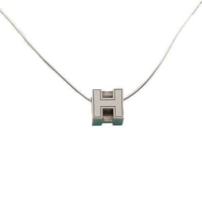 Hermes Caje De Ashe H Cube Pendant Necklace Silver Light Blue Metal Ladies