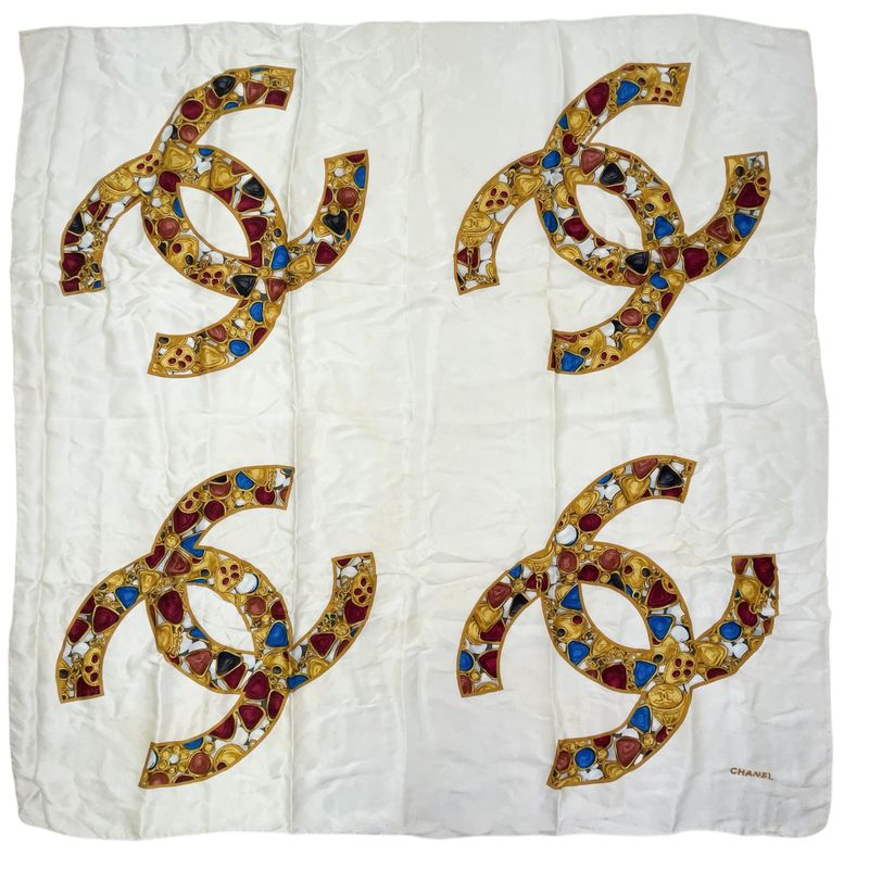 Chanel Coco Mark Silk Beige Scarf