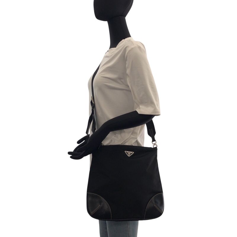 Prada Triangle Logo Plate Black Silver Hardware Nylon/leather Shoulder Bag
