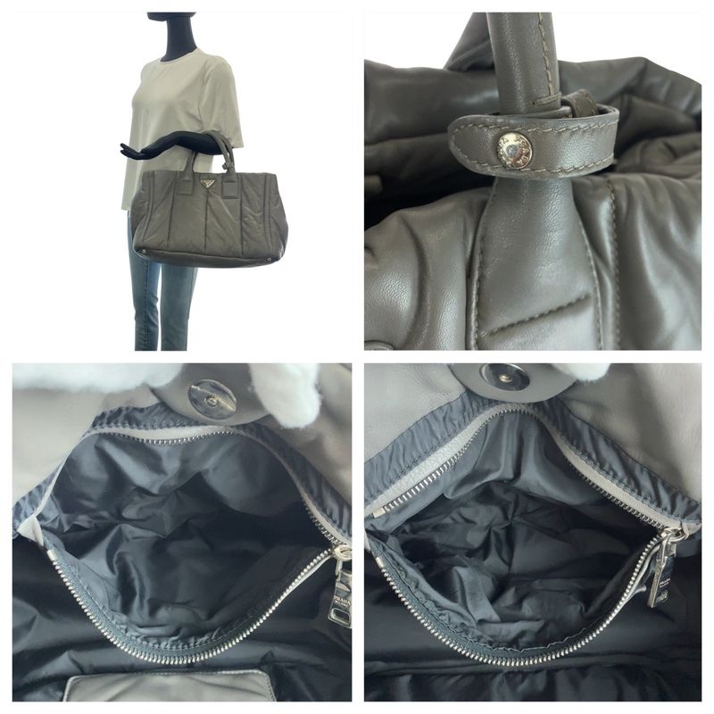Prada Triangle Logo Plate Nappa Bomber Gray Silver Hardware Leather Handbag
