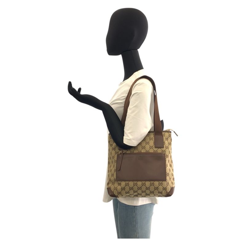 Gucci Beige Brown Silver Hardware GG Canvas/leather 019 0402 Tote Bag Shoulder