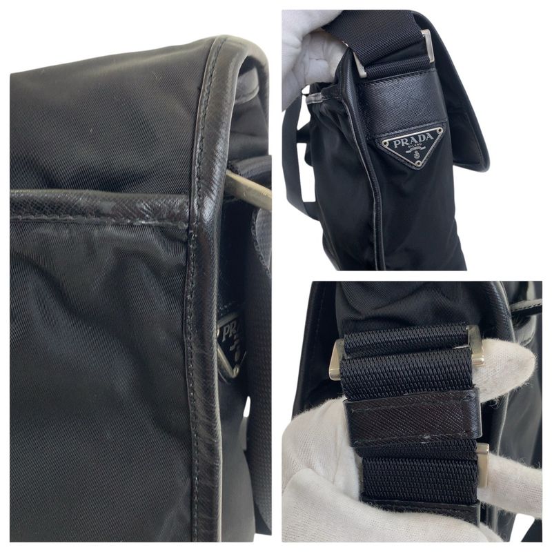 Prada Tessuto Saffiano Triangle Logo Plate Black Silver Hardware Nylon/leather