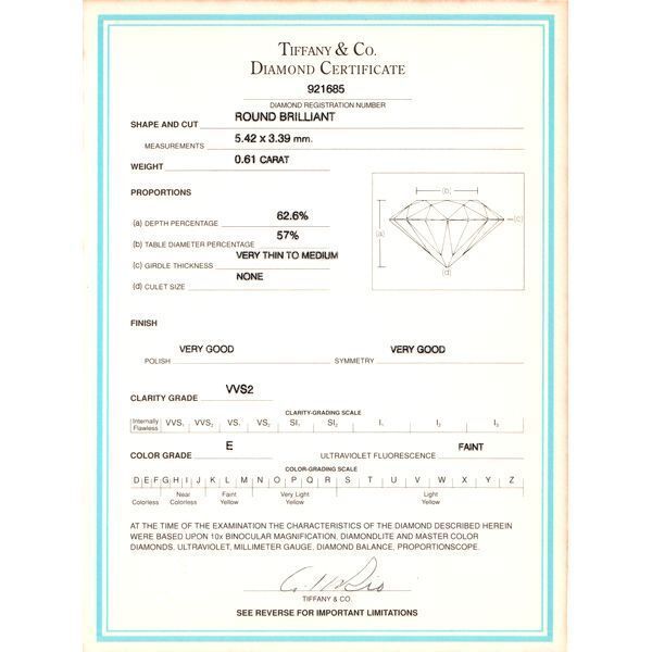Tiffany & Co Solitaire 061ct Diamond Ring E-vvs2 Pt950