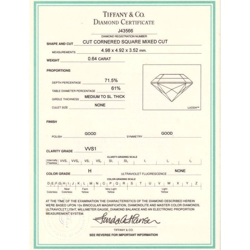 Tiffany & Co Lucida 064ct H-vvs1 Diamond Ring Pt950