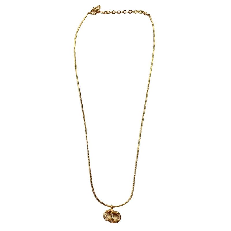 Christian DIOR CD Logo Necklace Rhinestone Pendant Accessory Gold Color - GY47