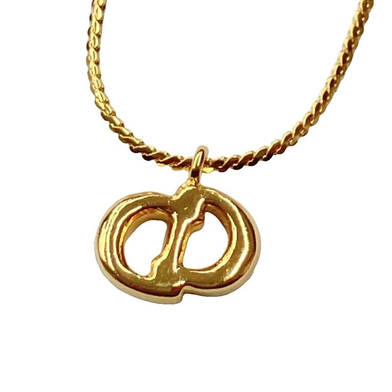 Christian DIOR CD Logo Necklace Rhinestone Pendant Accessory Gold Color - GY47