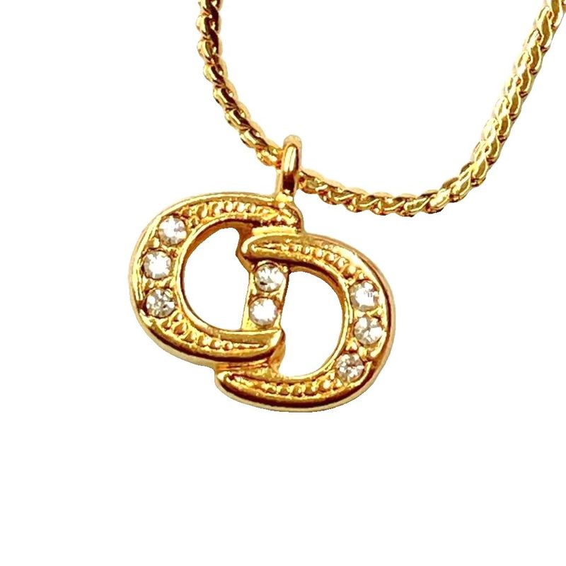 Christian DIOR CD Logo Necklace Rhinestone Pendant Accessory Gold Color - GY47