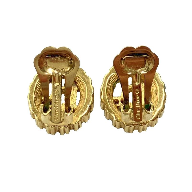 Christian DIOR Logo Rhinestone Earrings Accessories Gold Color - GY47 Women