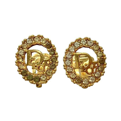 Christian DIOR Logo Rhinestone Earrings Accessories Gold Color - GY47 Women