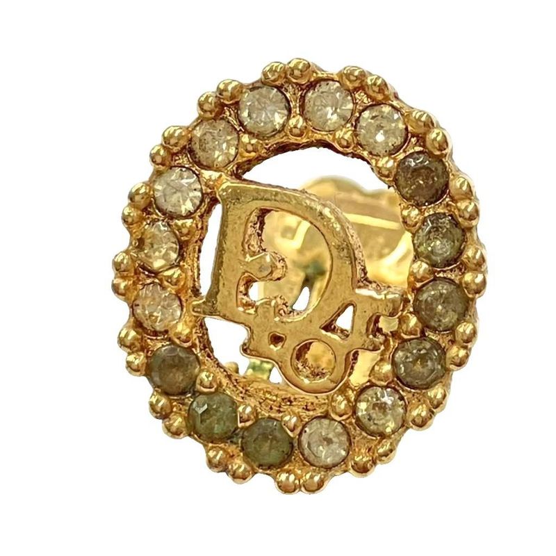 Christian DIOR Logo Rhinestone Earrings Accessories Gold Color - GY47 Women