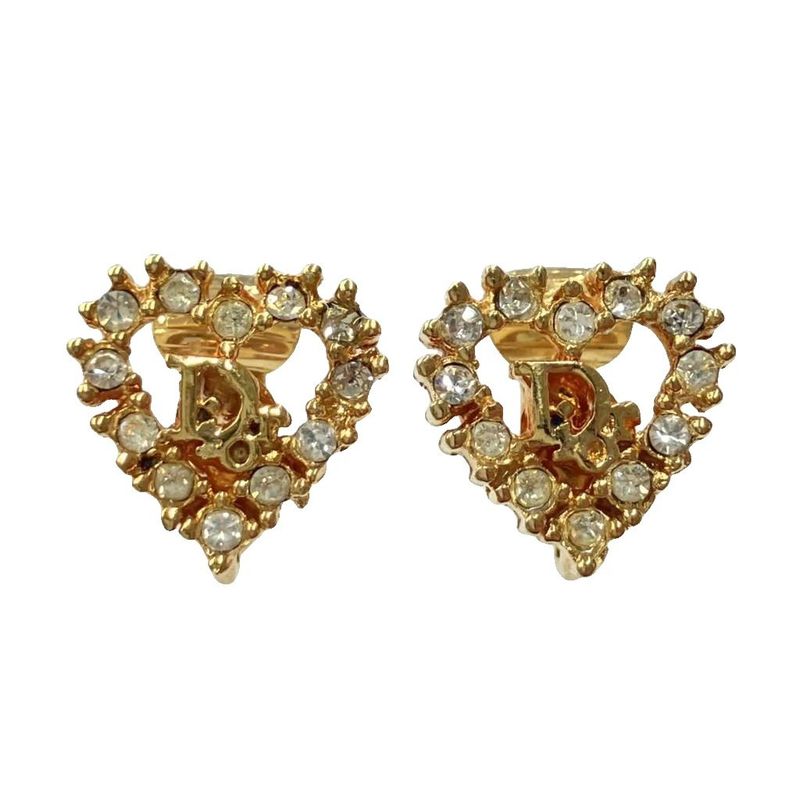 Christian DIOR Heart Shape Dior Logo Rhinestone Earrings Accessories Gold Color