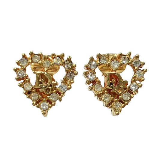 Christian DIOR Heart Shape Dior Logo Rhinestone Earrings Accessories Gold Color