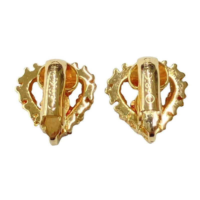 Christian DIOR Heart Shape Dior Logo Rhinestone Earrings Accessories Gold Color