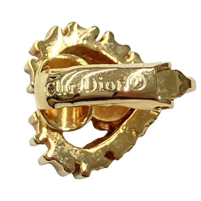 Christian DIOR Heart Shape Dior Logo Rhinestone Earrings Accessories Gold Color
