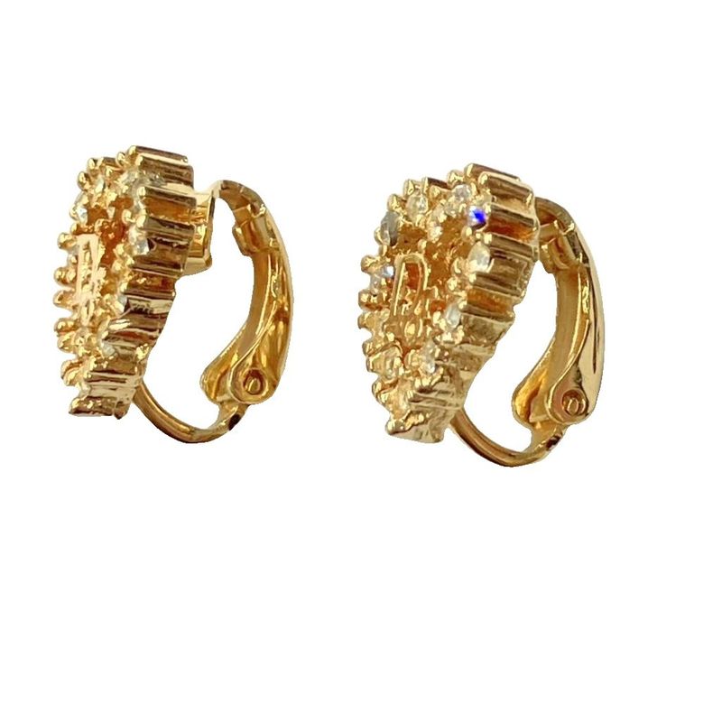 Christian DIOR Heart Shape Dior Logo Rhinestone Earrings Accessories Gold Color