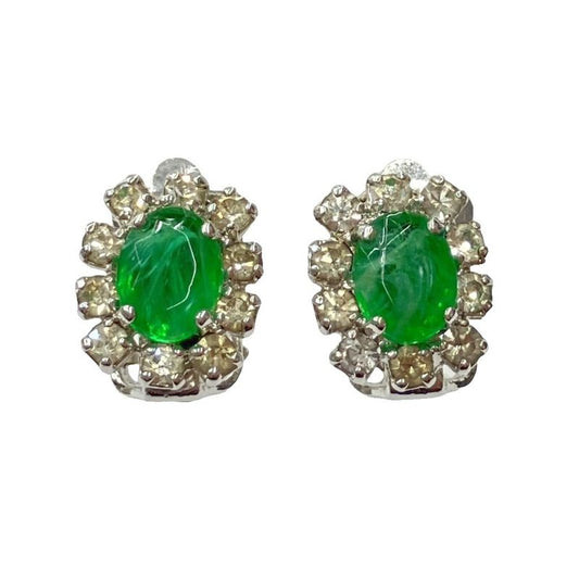 Christian DIOR Colored Stone Rhinestone Earrings Accessories Silver Color Green