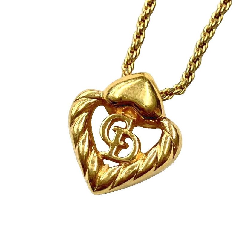 Christian DIOR Heart Motif CD Logo Necklace Pendant Accessory Gold Color - GY47