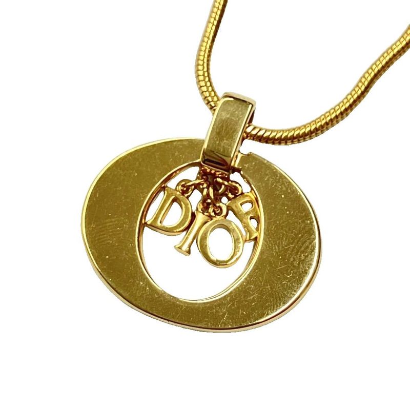 Christian DIOR Logo Oval Necklace Pendant Accessories Gold Color - GY47 Women