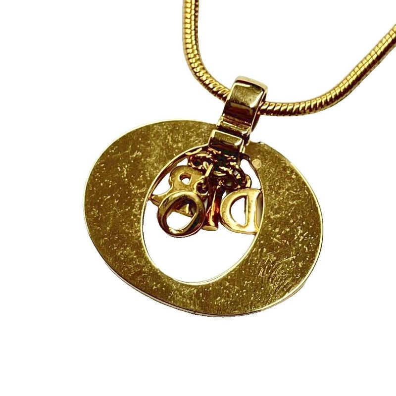 Christian DIOR Logo Oval Necklace Pendant Accessories Gold Color - GY47 Women