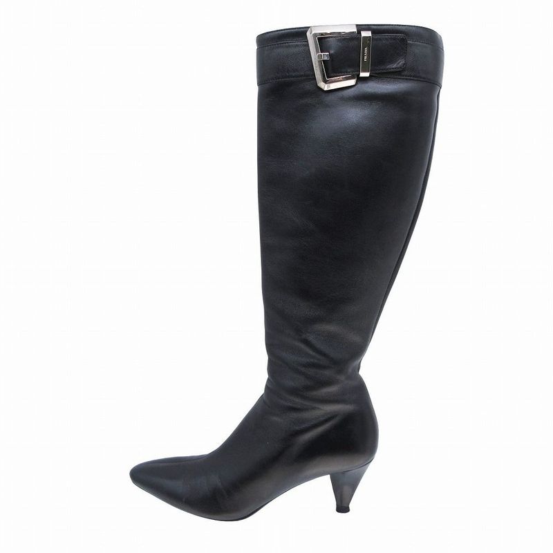 Prada Long Boots Leather Center Seam Side Zip Silver Buckle Belt 37 24cm