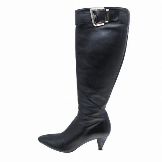 Prada Long Boots Leather Center Seam Side Zip Silver Buckle Belt 37 24cm