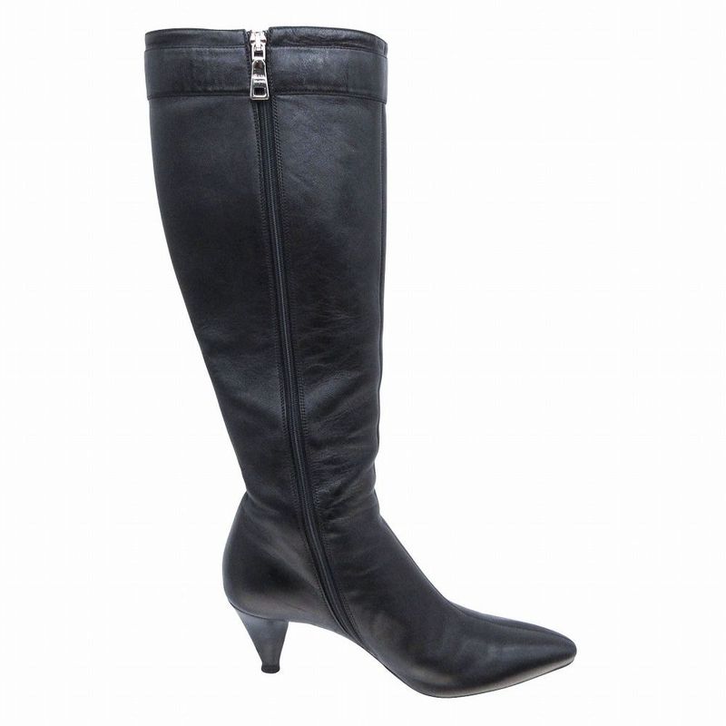 Prada Long Boots Leather Center Seam Side Zip Silver Buckle Belt 37 24cm
