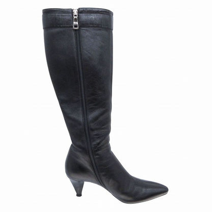 Prada Long Boots Leather Center Seam Side Zip Silver Buckle Belt 37 24cm