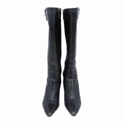 Prada Long Boots Leather Center Seam Side Zip Silver Buckle Belt 37 24cm