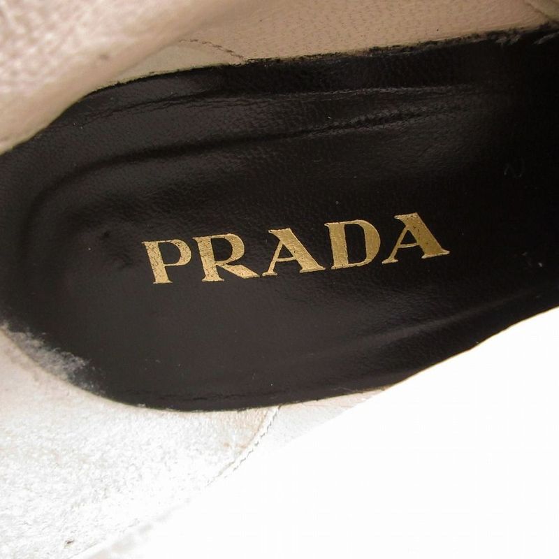 Prada Long Boots Leather Center Seam Side Zip Silver Buckle Belt 37 24cm