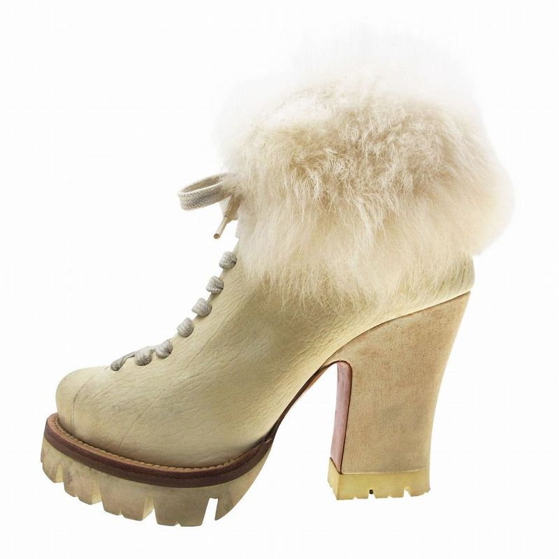 Prada Fur Decoration Thick Bottom Leather Short Boots Booties Chunky Heel Shoes
