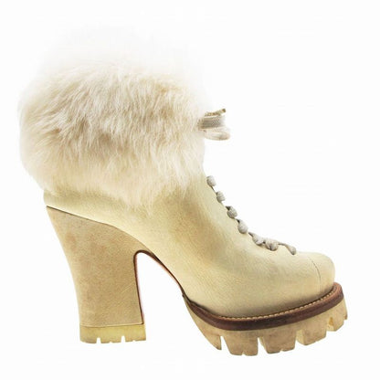 Prada Fur Decoration Thick Bottom Leather Short Boots Booties Chunky Heel Shoes