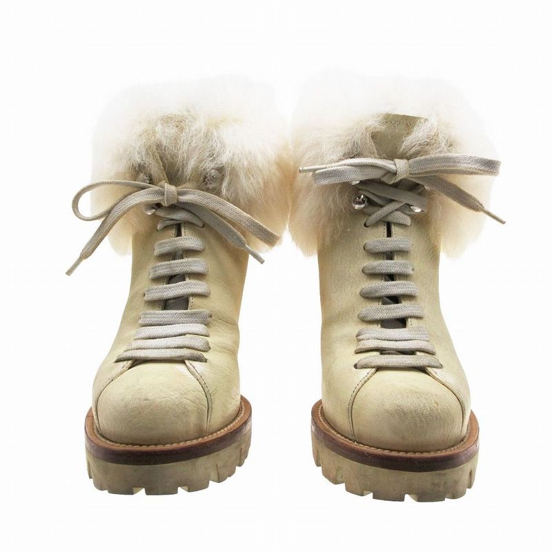 Prada Fur Decoration Thick Bottom Leather Short Boots Booties Chunky Heel Shoes