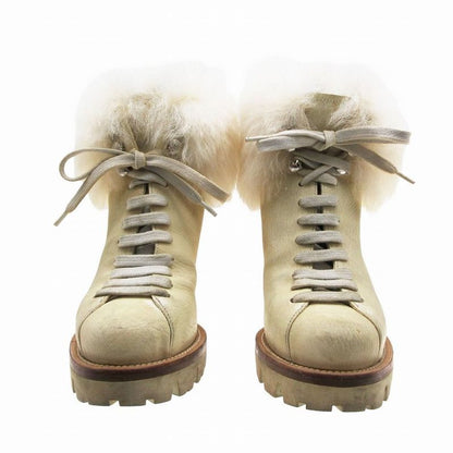 Prada Fur Decoration Thick Bottom Leather Short Boots Booties Chunky Heel Shoes