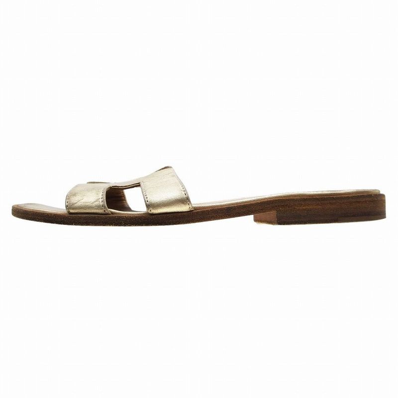 Hermes Oran Sandals Mules Gold Leather Flat Slides Made in Italy Size 34.5