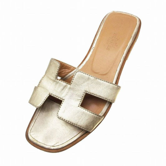 Hermes Oran Sandals Mules Gold Leather Flat Slides Made in Italy Size 34.5