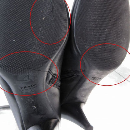 Prada Long Boots Leather Center Seam Side Zip Silver Buckle Belt 37 24cm