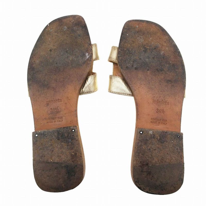 Hermes Oran Sandals Mules Gold Leather Flat Slides Made in Italy Size 34.5
