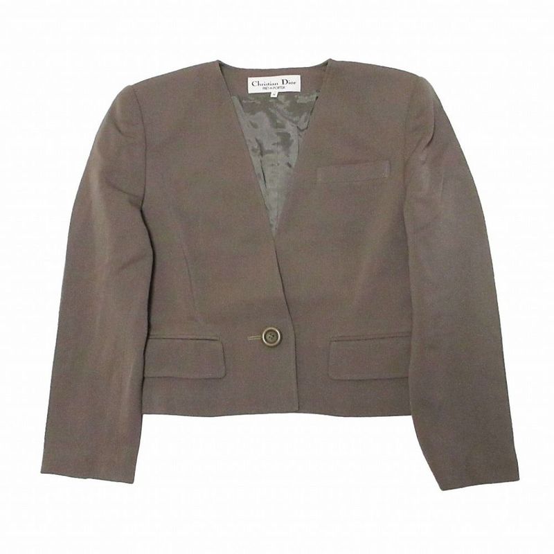 Christian Dior Prêt-À-Porter Wool Collarless Jacket V-Neck Long Sleeves Brown M