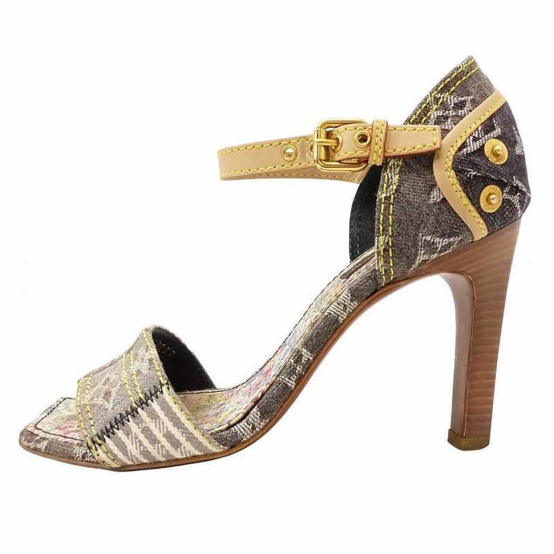 Louis Vuitton Monogram Denim Sandals Patchwork Ankle Strap High Heel 23cm