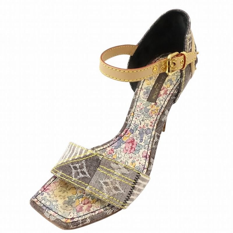 Louis Vuitton Monogram Denim Sandals Patchwork Ankle Strap High Heel 23cm