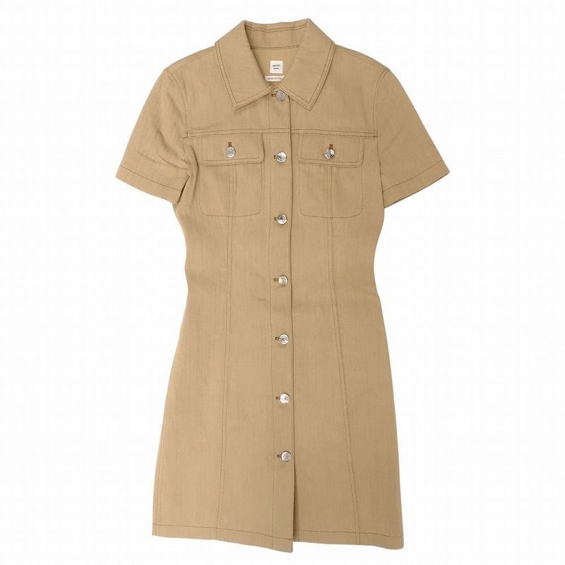 Hermes 24aw 4h0553di Herringbone Pattern Denim Dress Serie Button Beige Size XS