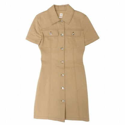 Hermes 24aw 4h0553di Herringbone Pattern Denim Dress Serie Button Beige Size XS