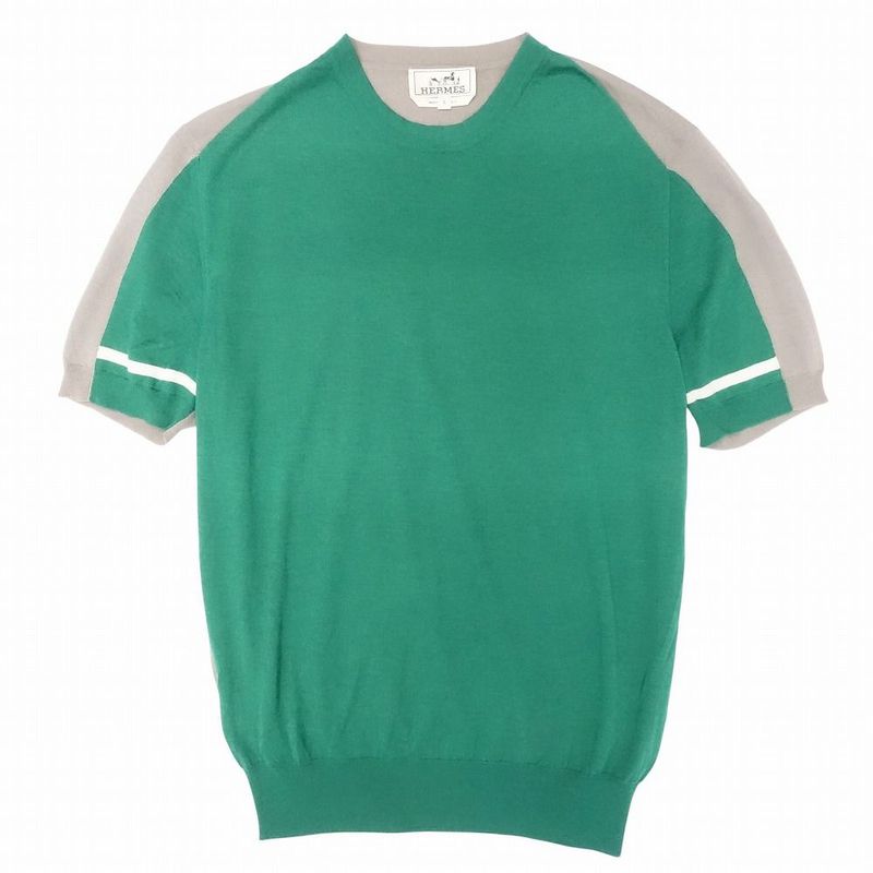 Hermes Knit Sweater Short Sleeve Bicolor Cut Line Crewneck Light Hand Tops S