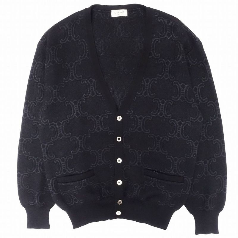 Celine Vintage Triomphe Logo Macadam Pattern Knit Cardigan Wool Silk Long