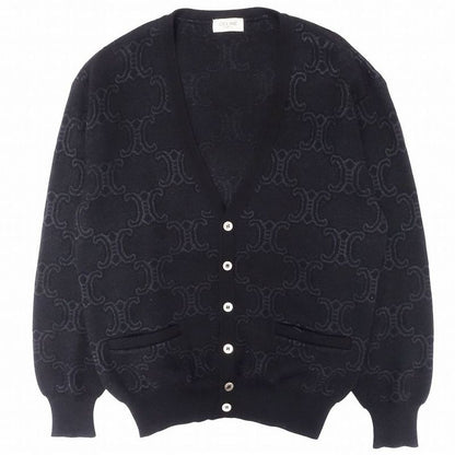 Celine Vintage Triomphe Logo Macadam Pattern Knit Cardigan Wool Silk Long