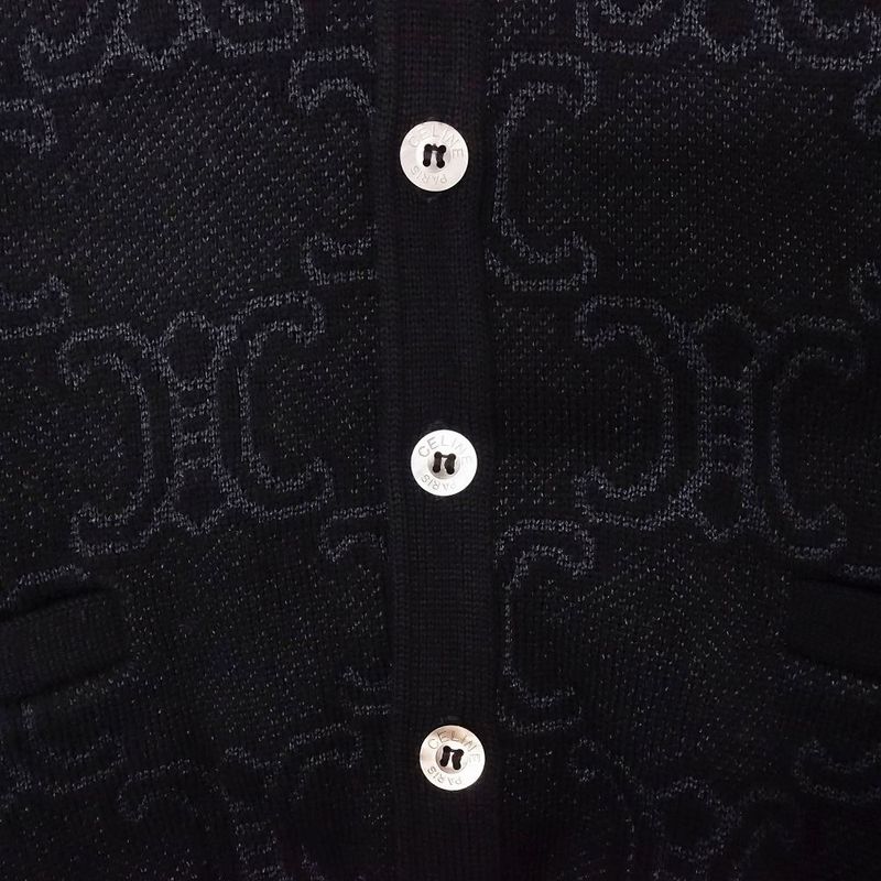 Celine Vintage Triomphe Logo Macadam Pattern Knit Cardigan Wool Silk Long