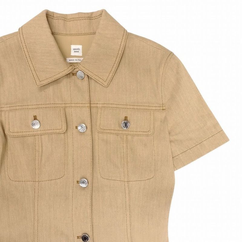 Hermes 24aw 4h0553di Herringbone Pattern Denim Dress Serie Button Beige Size XS