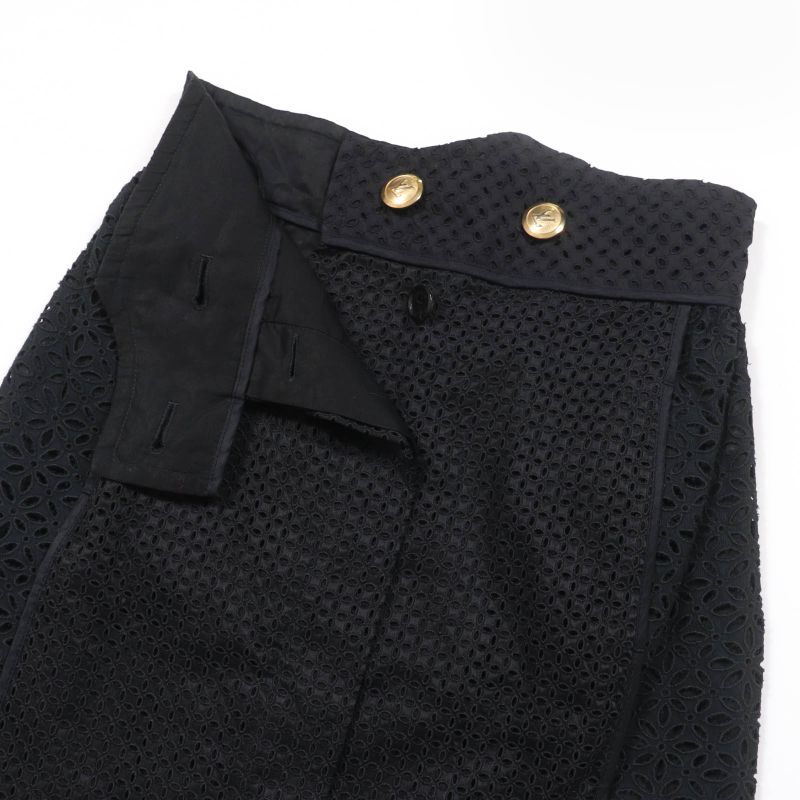 Louis Vuitton Cotton Silk Eyelet Lace Flower Design LV Gold Button Skirt Black