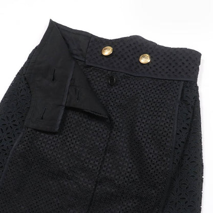 Louis Vuitton Cotton Silk Eyelet Lace Flower Design LV Gold Button Skirt Black